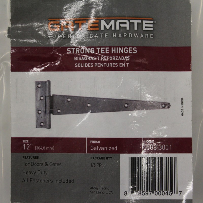 12in Strong Tee Hinge Galvanized with fasteners (sold in pairs