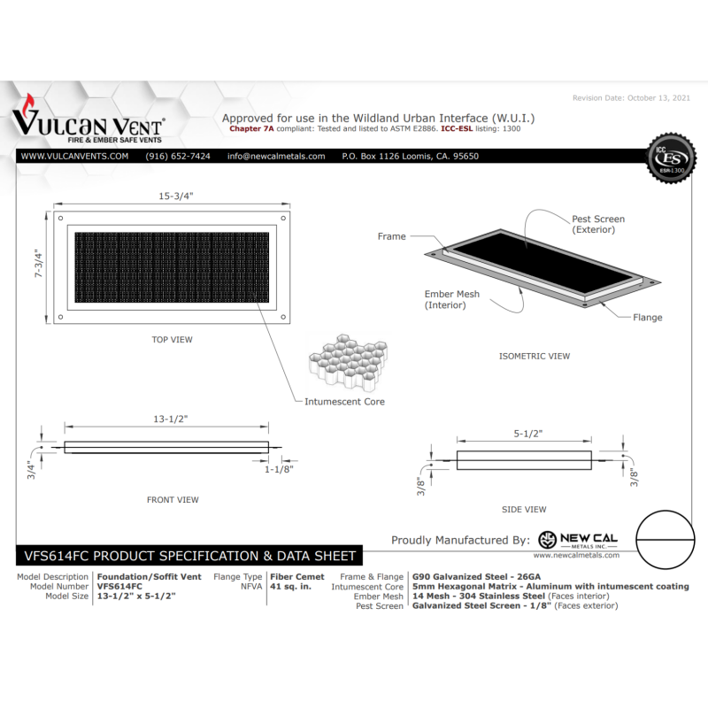 Vulcan Vent 14x6 in Fire Resistant Galvanized Foundation Soffit Fiber