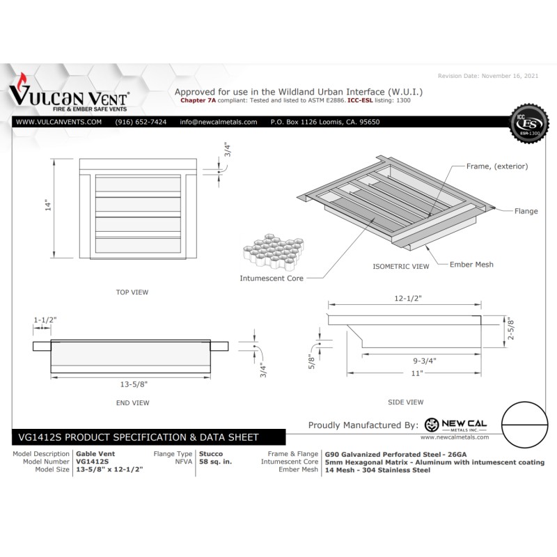 Vulcan 14x12 in Fire Resistant Attic Gable Galvanized Vent VG1412S