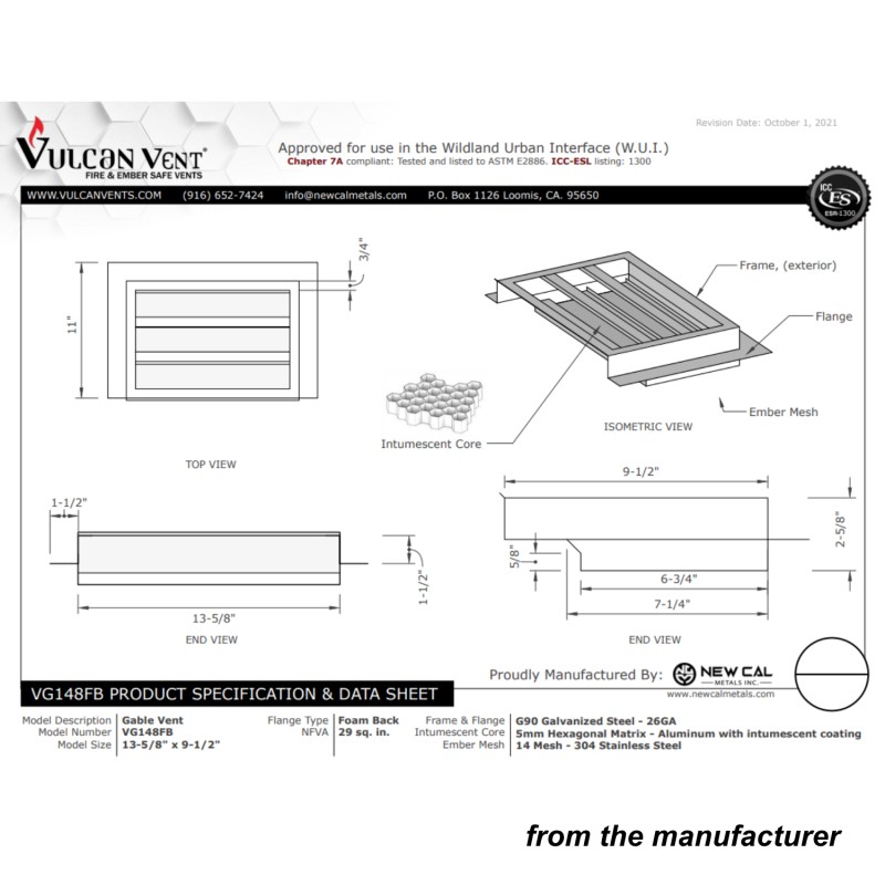 Vulcan 14x24in Fire Resistant Attic Gable Galvanized Vent Foam Back ...